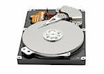 Open computer hard drive on white background