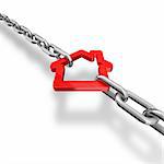 3d illustration of a red house symbol blocked with chains - conceptual image