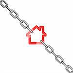 3d illustration of a red house symbol blocked with chains isolated on white background - conceptual image