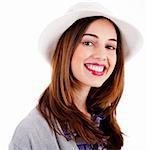 Young smiling face model wearing hat on a white background