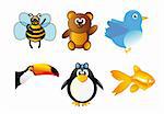 set of animals - bee, bear, bird, toucan, penguin and fish isolated over white background