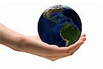 Human hand holding the world in hands. Take care the earth concept