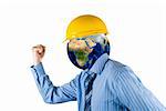 man with planet head at yellow helmet isolated on white