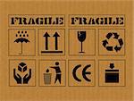 Cardboard box with safety fragile signs. Vector.