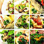 Collage of dishes with seafood and meat