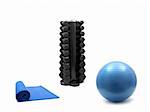 A fitball,  exercise mat and a dumbbell rack isolated against a white background