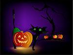Halloween vector illustration scene, with black cat and tree