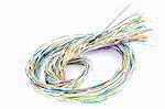 multicolored phone cable knot over white background concept switching node or knot