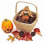 Various decorative Fall objects isolated on white: ceramic pumpkin, red leaves, and cones beside a basket of pine cones with scarecrow doll.