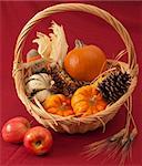 A Thanksgiving basket of miniature pumpkins, Indian corn, scarecrow doll and cone against a red background, with two apples in front.
