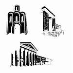 silhouette of the old-time buildings on white background