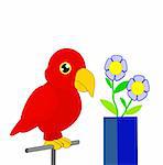 A red parrot and a blue vase with two blue flowers   .