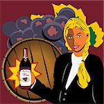 Vector illustration of a girl holding bottle of wine and with a barrel and grapes in background