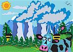 Vector illustration of a nuclear powerplant and a cow