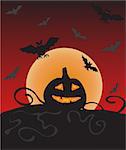 Dark Halloween card with bat and pumpkin