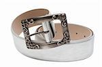Leather silvery feminine belt, buckle with pattern