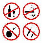 Vector of: No smoking, No alcohol and no drugs signposts