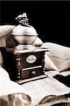 vintage coffee grinder and burlap