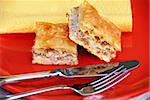 appetizing homemade baked meat pie on red plate