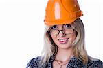 Youmg woman in helmet at isolated background