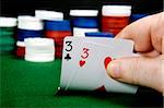 Pair of threes opening hand at Poker (From a series of opening hands at poker)