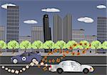 Abstract vector illustration of a city with recycled wheels. The cars instead of harmful Co2 produce flowers!