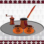 Set of Turkish coffee with a grinder on a silver plate vector illustration