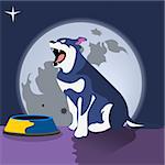 Vector illustration of a dog in front of the empty dish, during the full moon