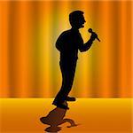 Vector illustrated silhouette of a singer on stage with orange background