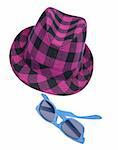 Hipster hat with blue sunglasses isolated on white with a clipping path.