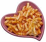 Pasta with Cheese and Red Sauce in a Heart Shaped Bowl. Isolated on White with a Clipping Path.