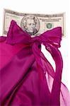 Elegant Purple Silk is shown with currency to convey expense.  Isolated on white with a clipping path.