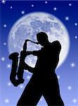 Saxophone player silhouette in the night and in the moon