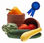 Prize Winning Ribbon with Orange Bell Pepper, Tomatoes, Artichoke, Cucumber and Squash Among Clay Garden Pots Isolated on White with a Clipping Path.