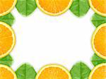 Abstract frame with cross of orange fruit and green leaf. Close-up. Studio photography.