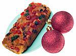 Holiday Fruit Cake with Festive Baubles on White.