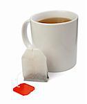 close up of tea bag and coffee cup on white background with clipping path, shadow is not included