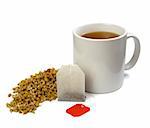 close up of tea bag, chamomile plant  and coffee cup on white background with clipping path, shadow is not included