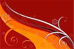 Abstract background of red-orange colour with curls and flowers