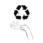 illustration of hand holding recycle symbol on white background
