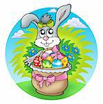 Easter rabbit with decorated eggs - color illustration.