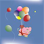 Greetings background with elephant, red ribbon, balloons, vector illustration