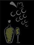 Abstract vector picture of wine bottle and glass on black background