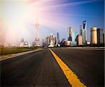 road to shanghai with the background of the landmark in shanghai china.