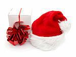 Santa hat and gift isolated on white background