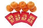 Mandarins and Red Packets on Isolated White Background