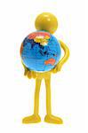 Miniature Figure with Globe on White Background