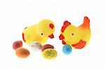 Toy Chicks and Easter Eggs on White Background