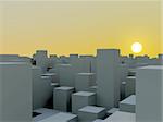 3d view of sunset behind buildings