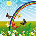 Rainbow and butterflies on flowers. Vector illustration. Vector art in Adobe illustrator EPS format, compressed in a zip file. The different graphics are all on separate layers so they can easily be moved or edited individually. The document can be scaled to any size without loss of quality.